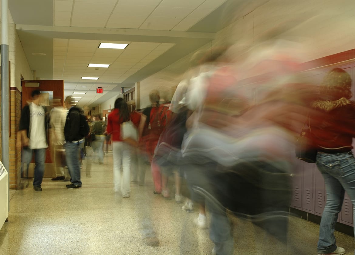 Blurry photo of school hallway with students