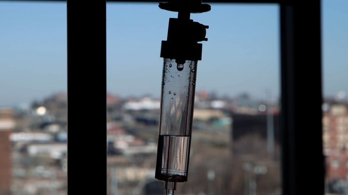 Image of an IV with saline at a KC hospital.