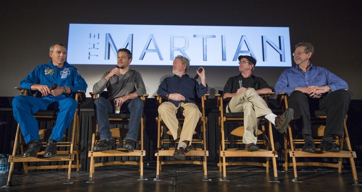 Astronaut Drew Feustel, from left, actor Matt Damon, director Ridley Scott, author Andy Weir, and Director of the Planetary Science Division at NASA Headquarters Jim Green, participate in a question and answer session about NASA’s journey to Mars and the film "The Martian." The movie, based on the book by Andy Weir, gives a realistic view of the climate and topography of Mars and has been read in space. (Photo: Bill Ingalls | NASA via AP)