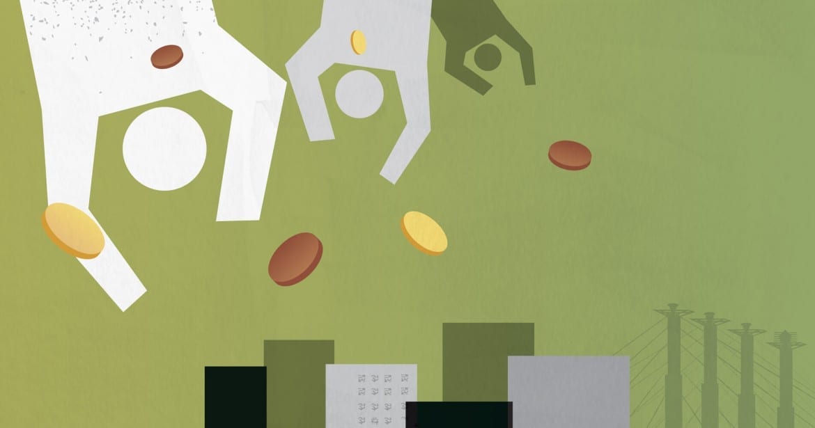 Illustration of upside down people with coins