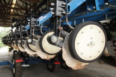 Pfantz sprays his crops with fertilizer through a hose attached to his planter. Applying fertilizer at the same time as the crop is planted is called "side-dressing," a conservation practice that helps reduce the amount of chemicals running off his fields. (Photo: Abby Wendle | Harvest Public Media)