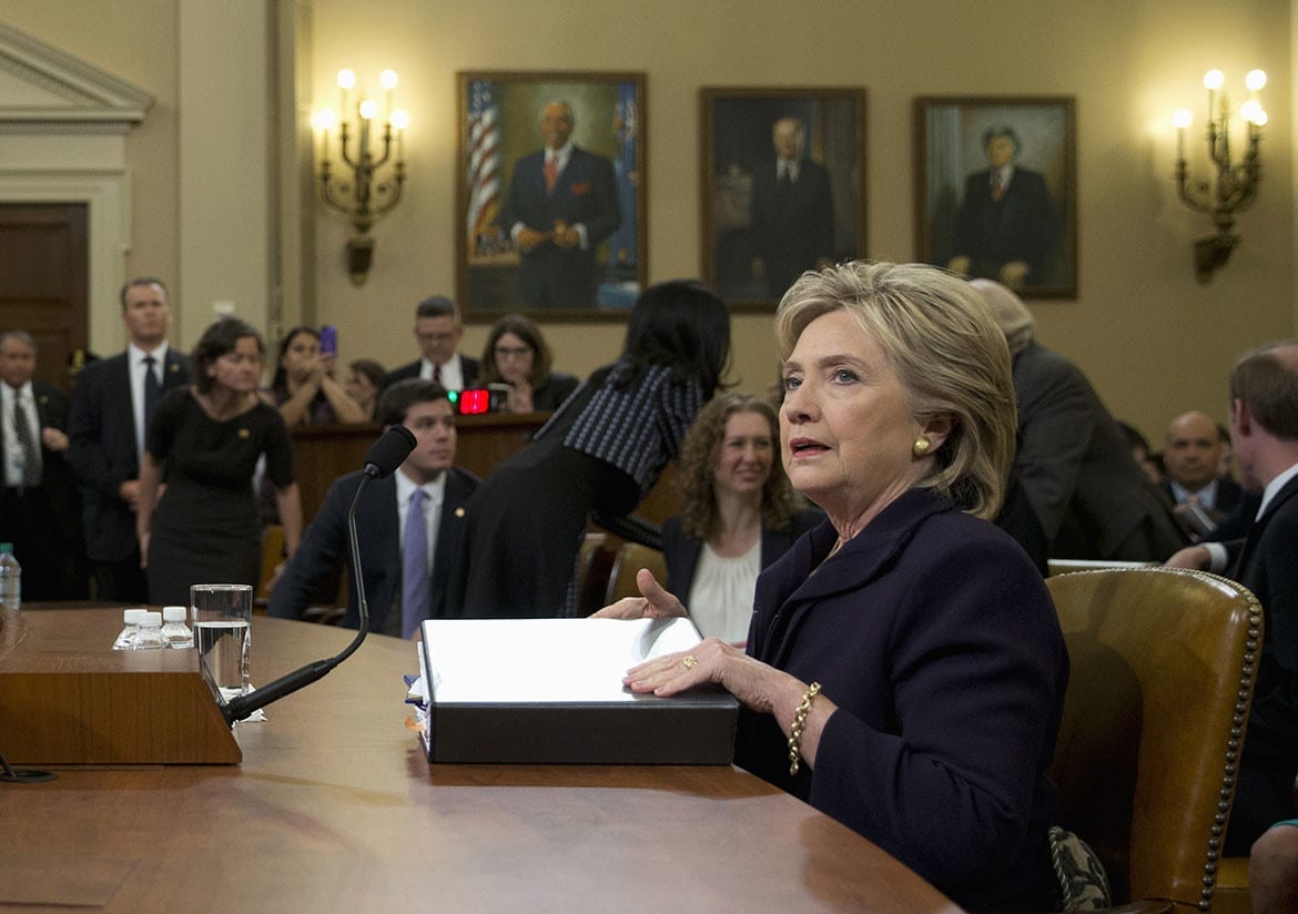 Democratic presidential candidate, former Secretary of State Hillary Rodham Clinton arrives to resume testimony before the House Benghazi Committee, Thursday, Oct. 22, 2015, on Capitol Hill in Washington. (Photo: Evan Vucci | AP)