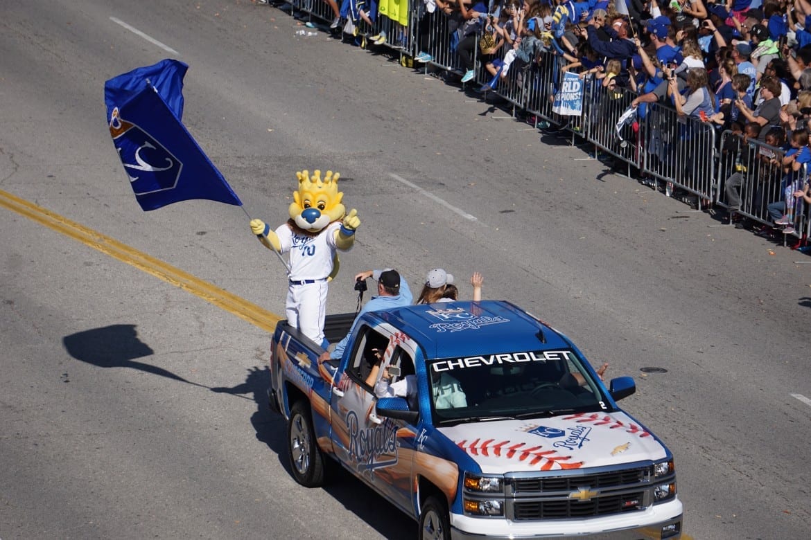 Royals’ mascot, Sluggerrr, rode near the front of the parade to get the crowd riled up following the Kansas City Royals' victory in the 2015 World Series. (Photo: Hilary Becker | Flatland)
