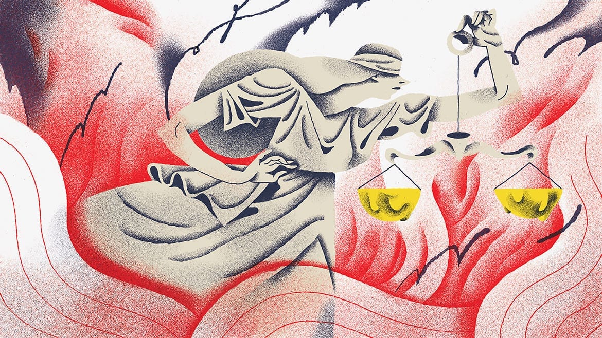 Illustration of Lady Justice with scales surrounded by flames