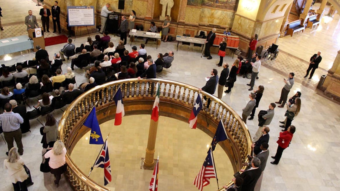 The Open Kansas initiative kicked off last week in the Statehouse rotunda. Nonprofit organizations that advocate for children, minorities and low-income Kansans launched the effort to counter what they see as a trend toward less open government. (Photo: Susie Fagan | Heartland Health Monitor)
