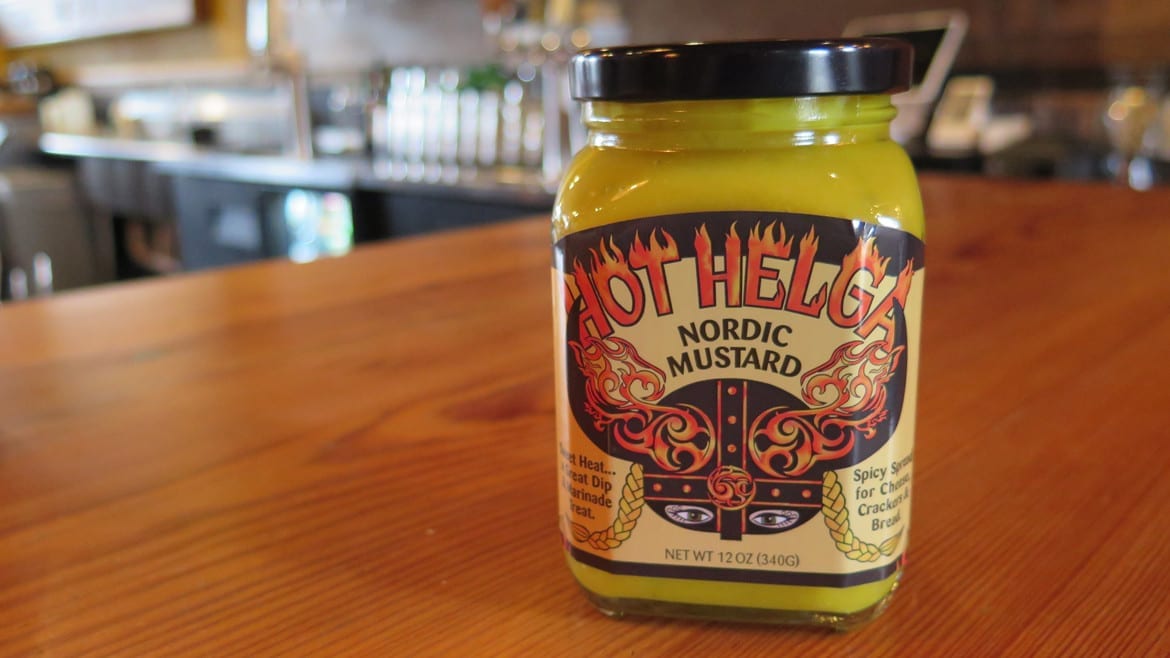 A shot of Hot Helga's mustard bottle.