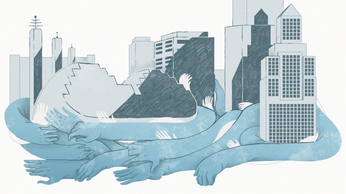 Illustration of water surrounding Kansas City downtown