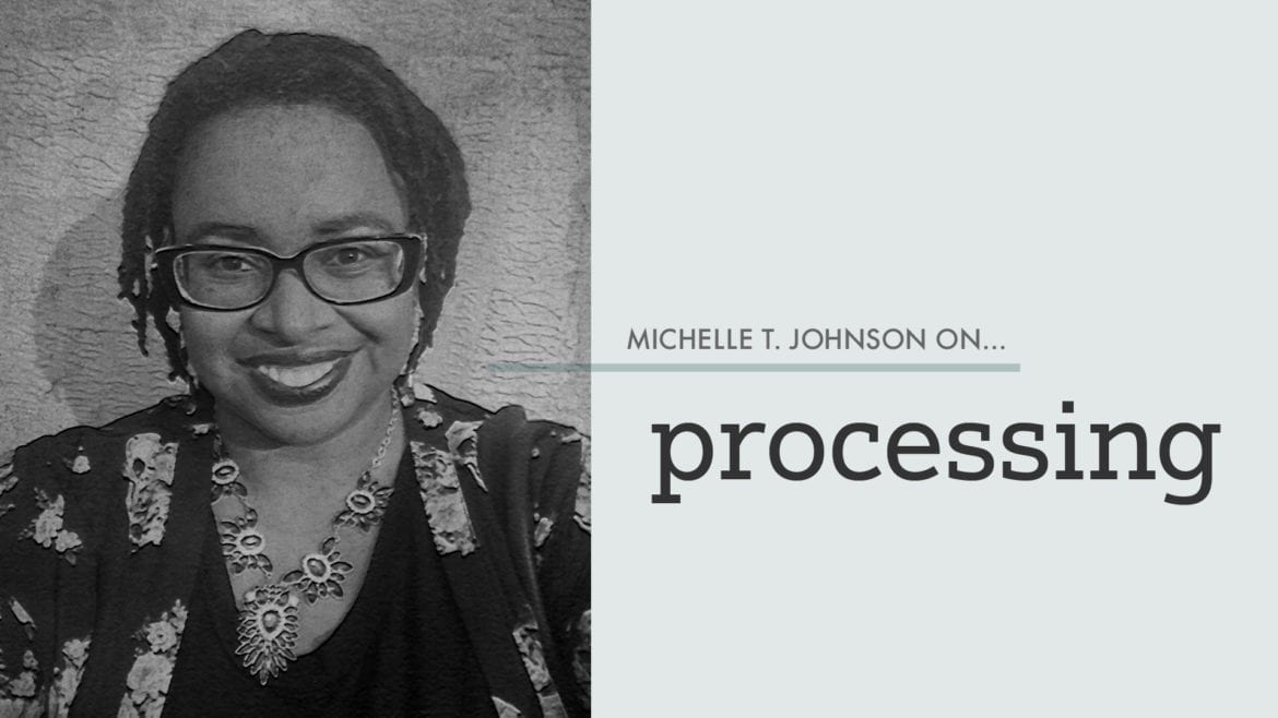 a woman with the text "processing"