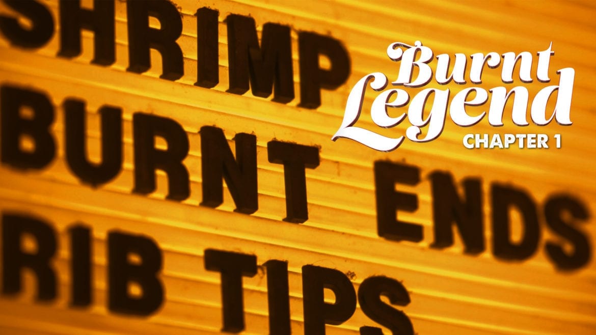 photo of a barbecue sign with the words Burnt Legend on it