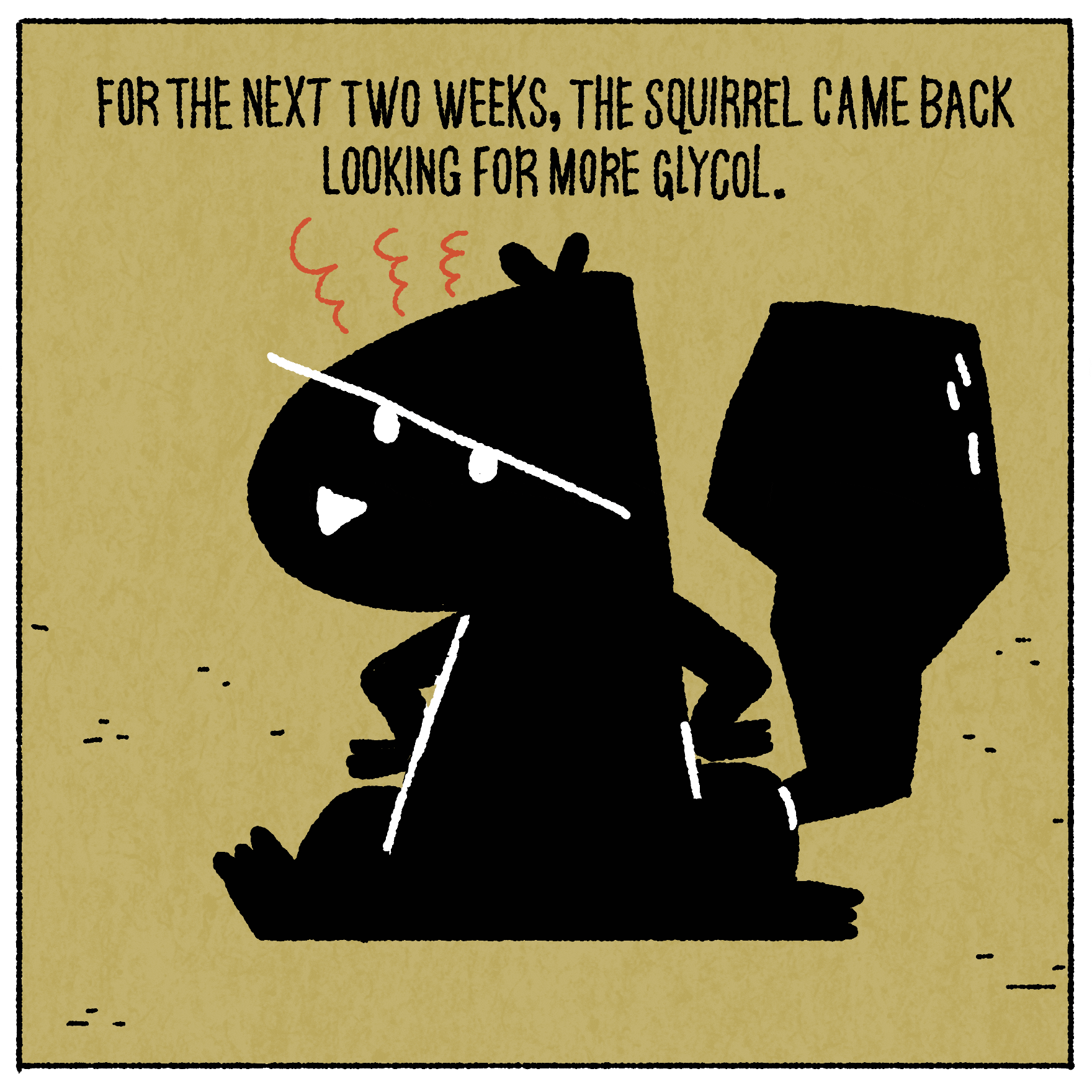 For the next two weeks, the squirrel came back looking for more glycol. 