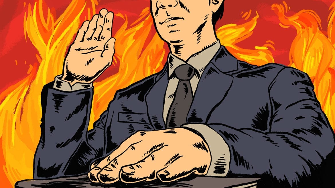 illustration of a man with hand on bible, surrounded by flames