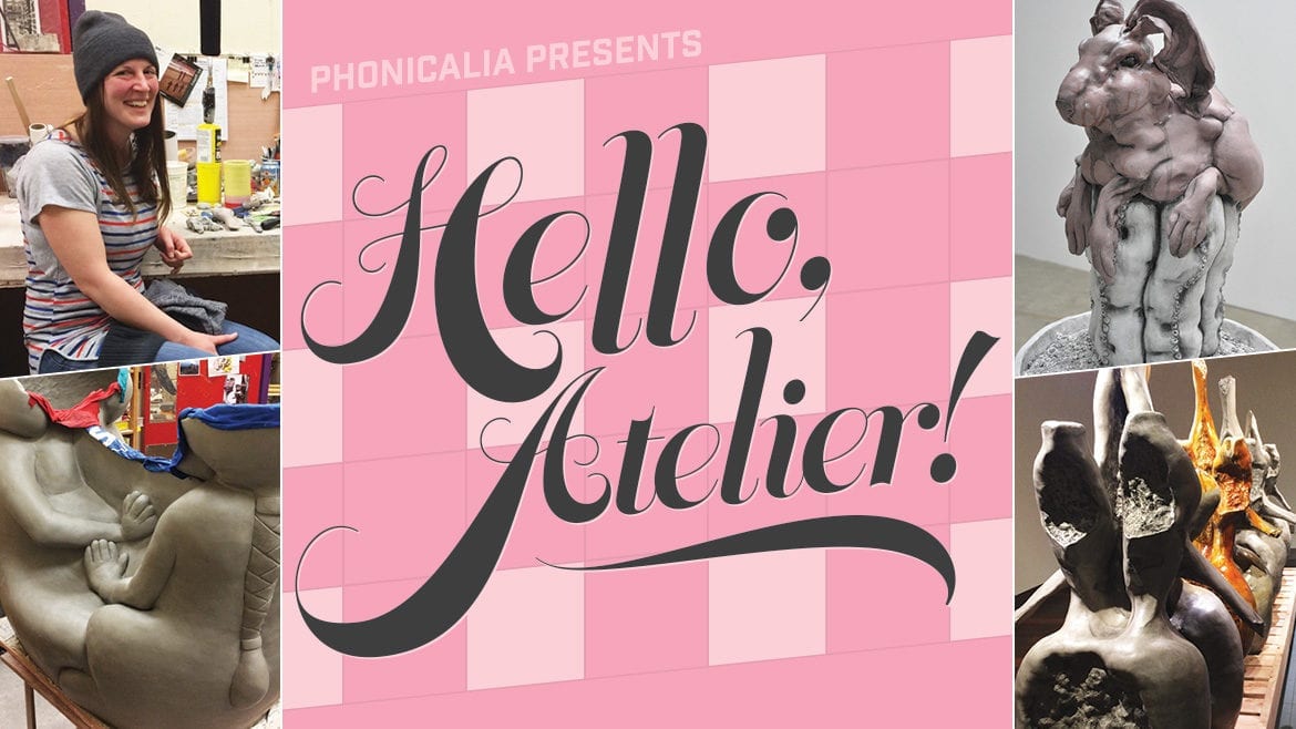 A collage with a woman and her sculptures