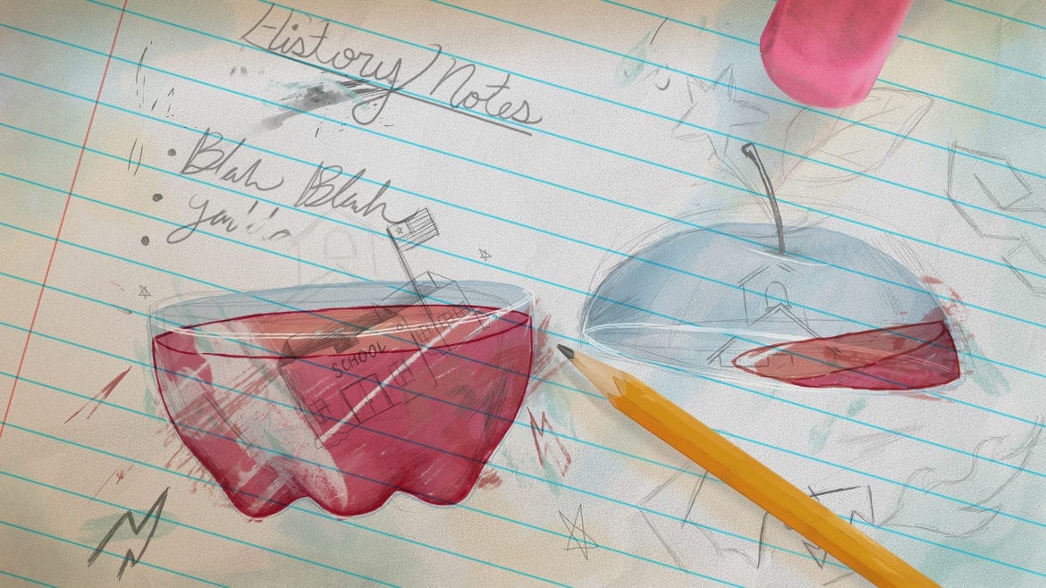 An apple divided in half