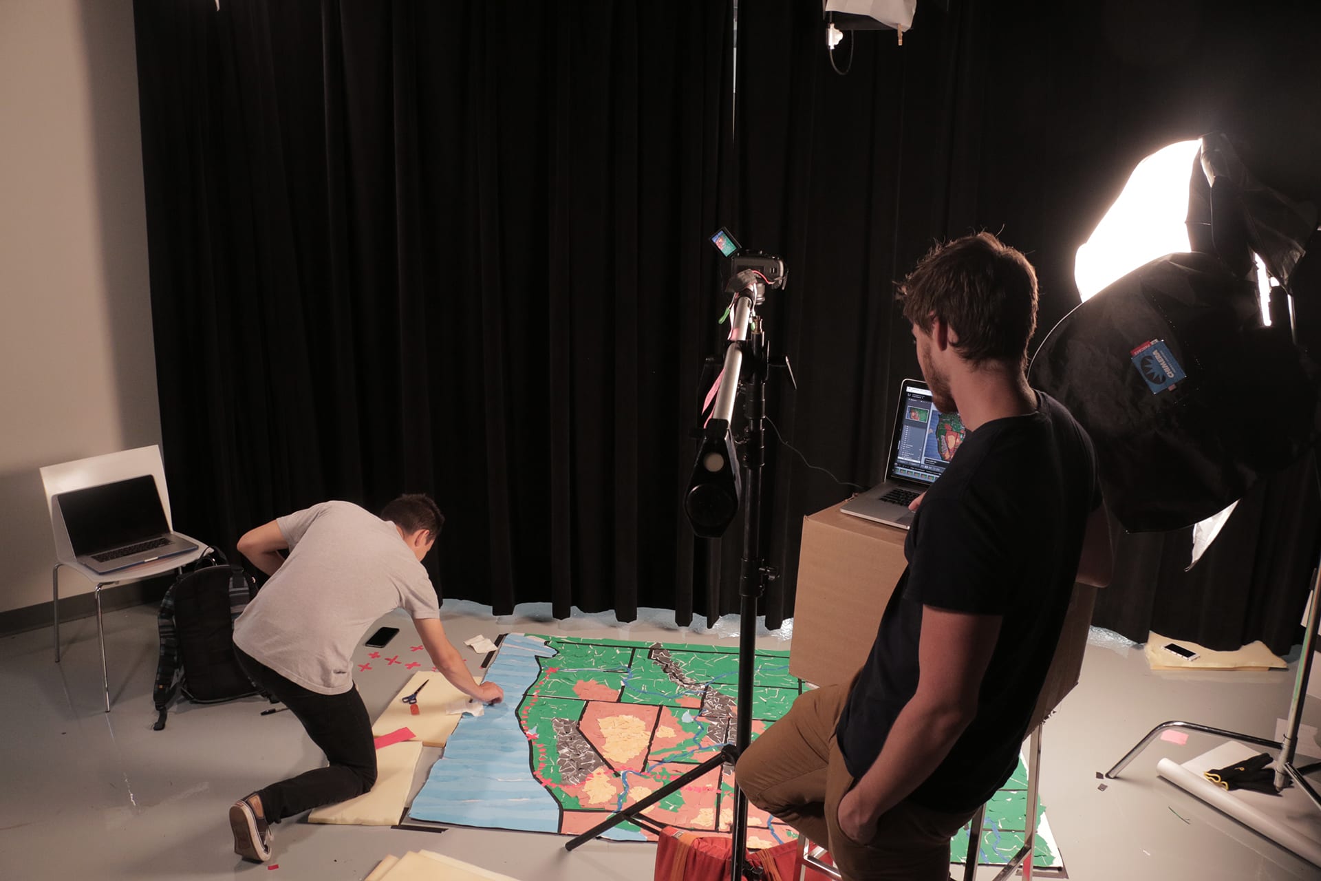 Producers Kilpatrick and Cody Boston at work in the Hale Center Studio.