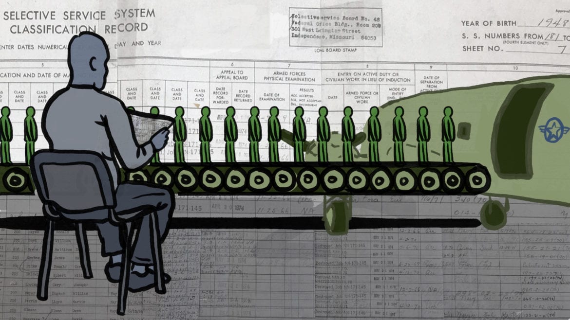 A man looking at a selective service document while soldiers load a military plane on a conveyer belt