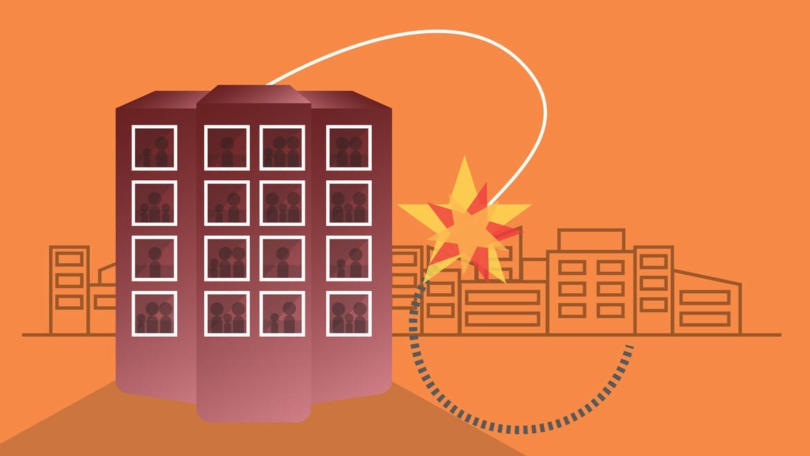 Illustration showing apartment building with possible bomb or explosive situation