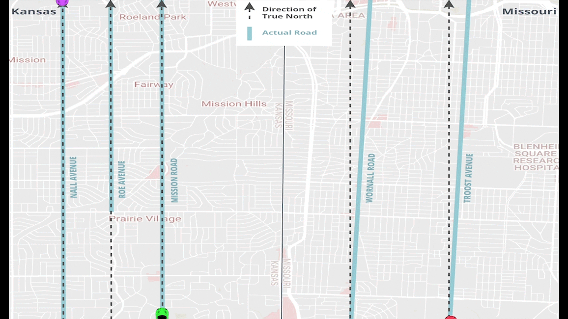 Cars following true and magnetic north