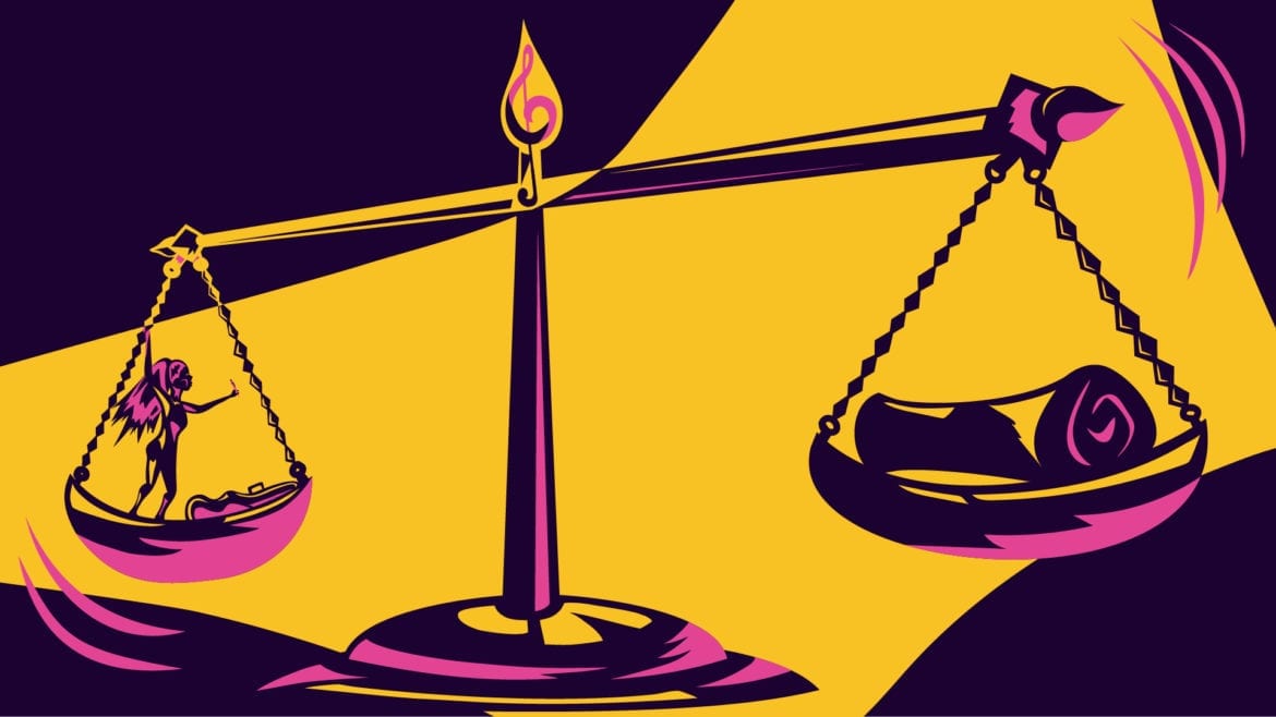 a female rocker on the scales of justice