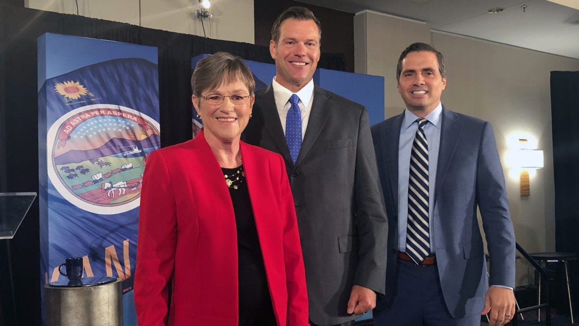 Laura Kelly Ileft), Kris Kobach (center), and Greg Orman