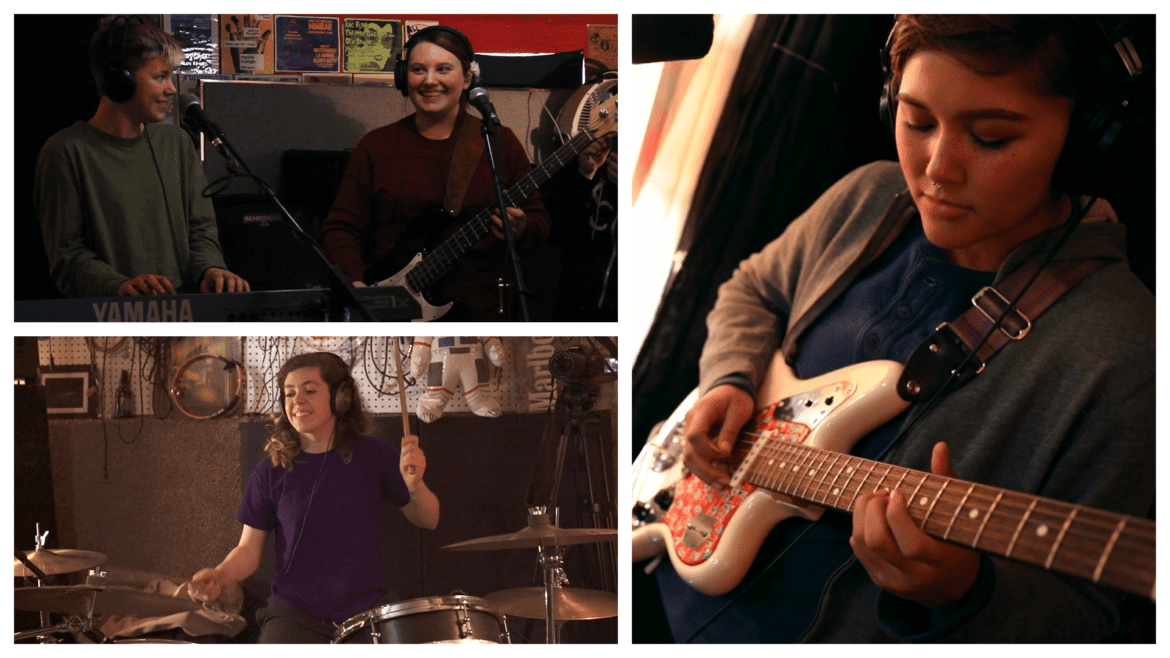 A collage of images with teenagers playing music.