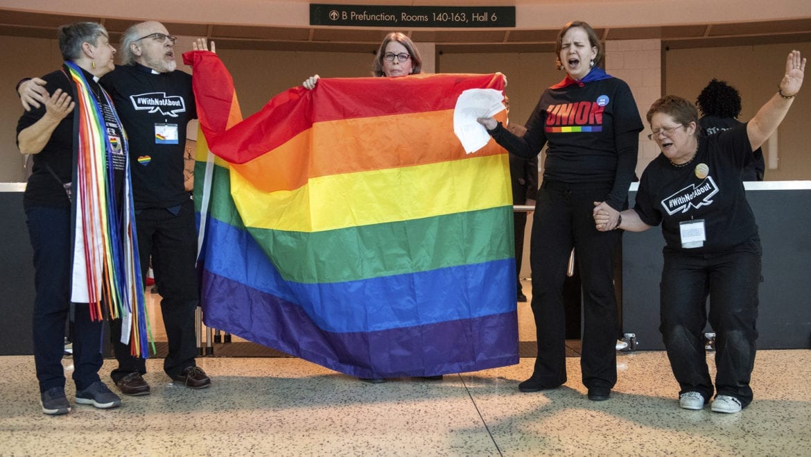 protesters at February methodist meeting in St. Louis