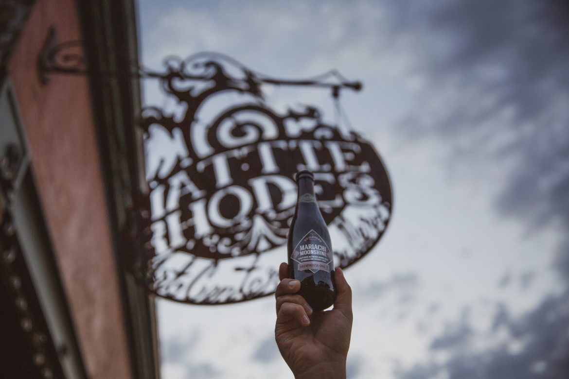 Mariachi Moonshine beer bottle with Mattie Rhodes store sign