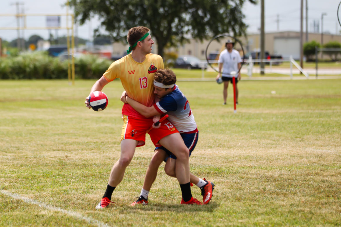 A Kansas City Stampede keeper looks to pass the quaffle.