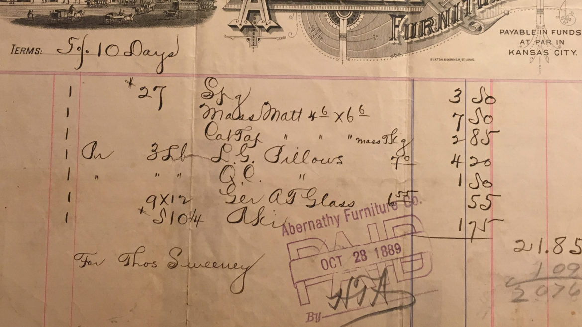 close up of bill from abernathy furniture in 1889