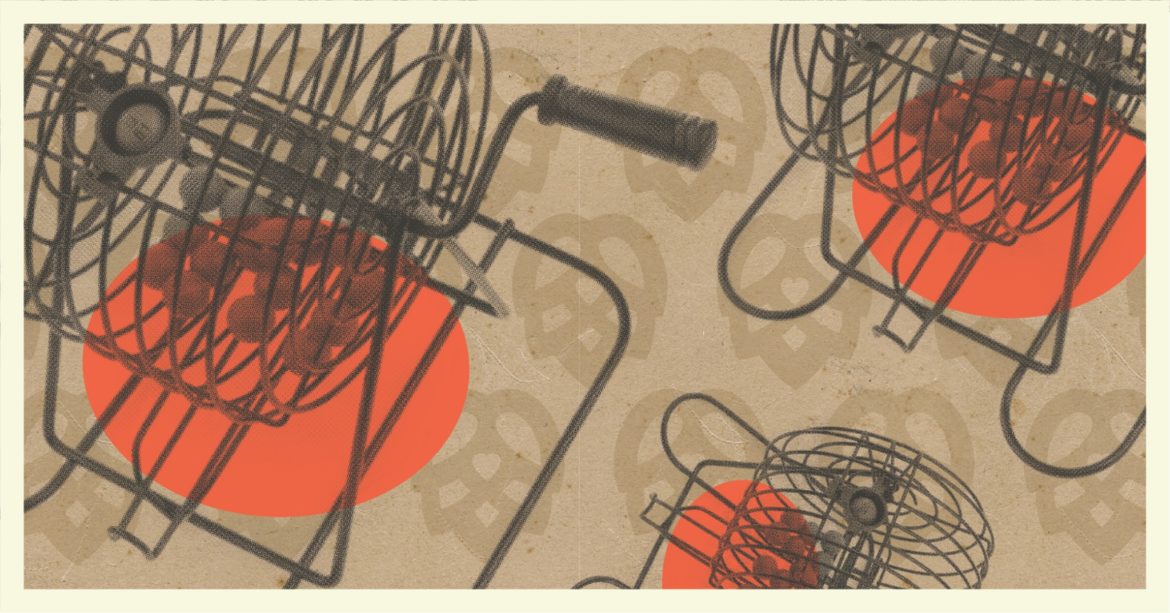 Three bingo machines with red spheres on the bottom