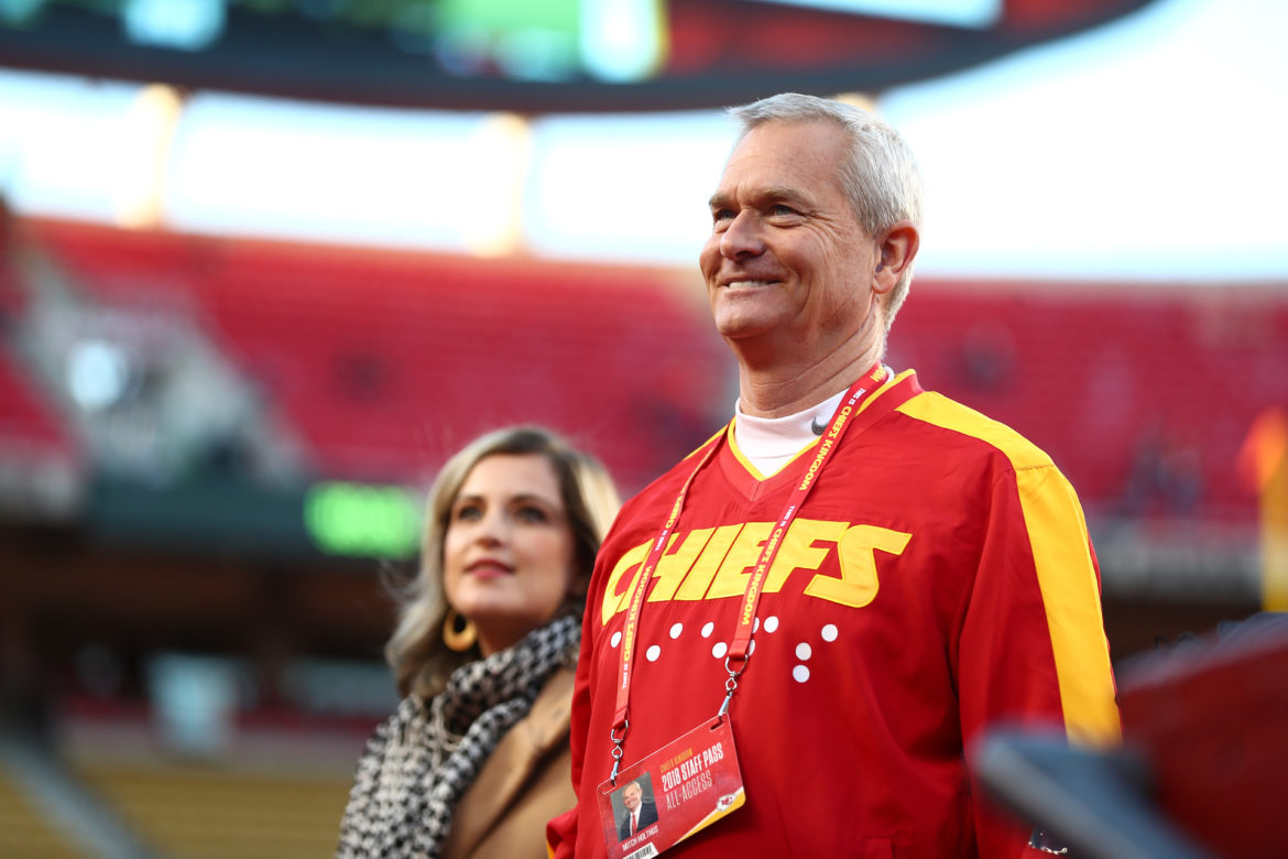 Mitch Holtus stands on the field at Arrowhead ahead of Sunday Night Football in 2018.
