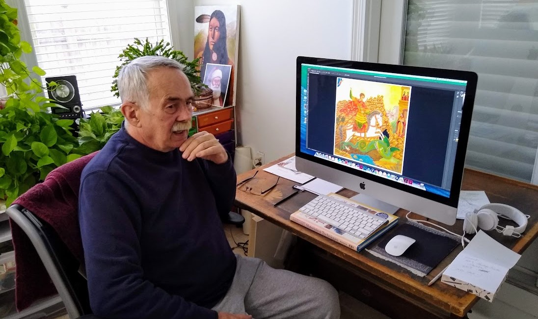 Artist Tom Dolphens displays on his computer a picture of an icon he did years ago, “St. George the Dragon Slayer.”