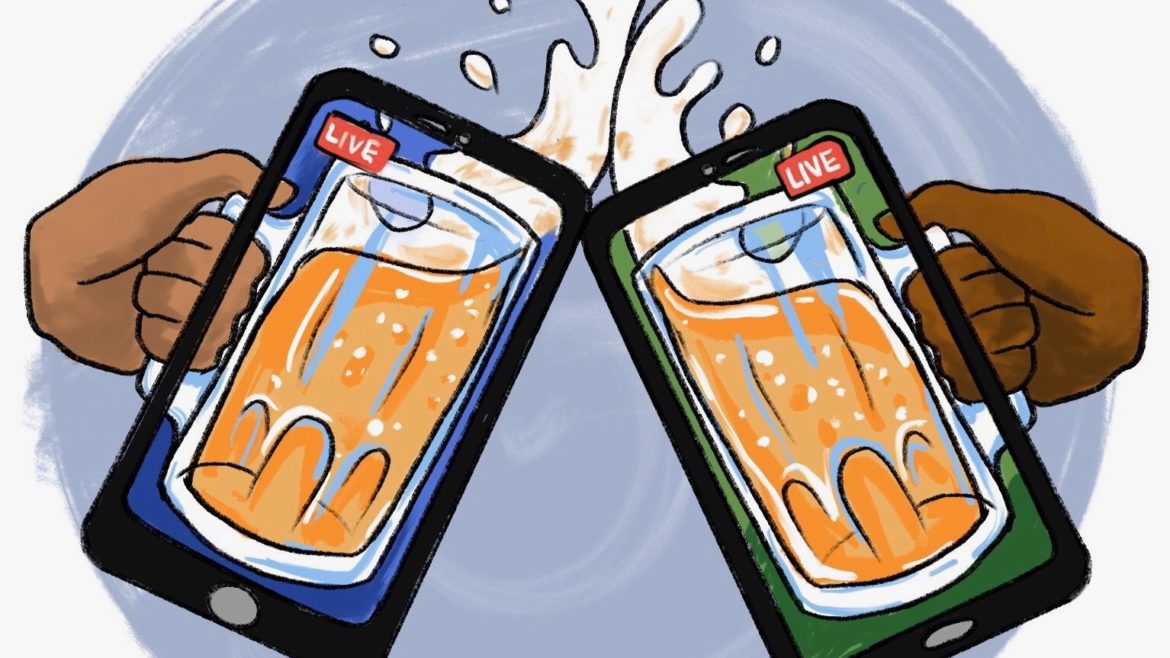 An illustration of two phones full of beer clinking cheers.