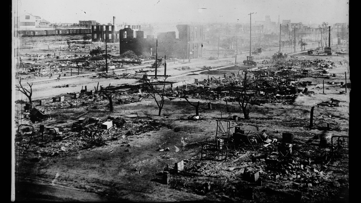 The ruins of "Black Wall Street" after the Tulsa Race Massacre of 1921.