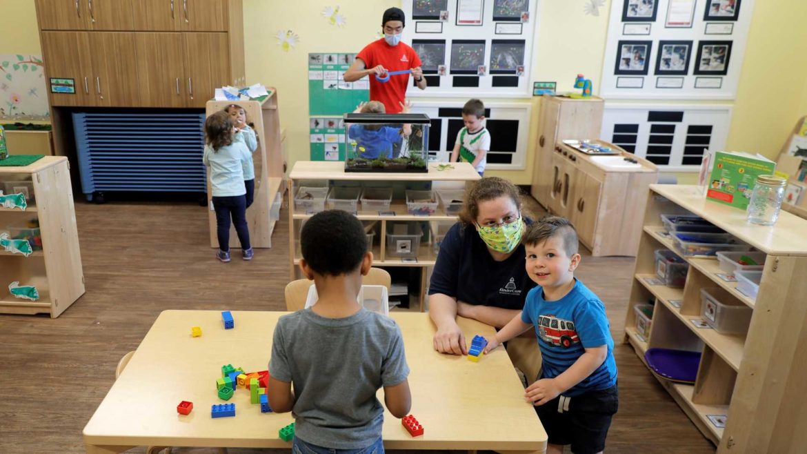 Child care workers wearing masks