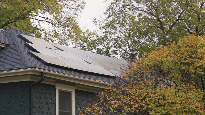 Solar panels on the roof of a home in Lawrence, Kansas.