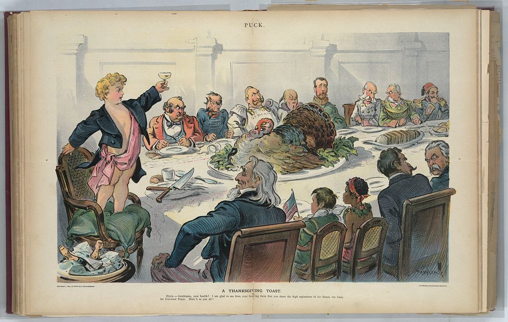 Udo Keppler's drawing "Thanksgiving Toast" illustrates well how holiday dinners can be when family members with differing views come together.