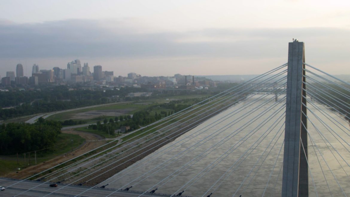 An aerial photo of the Missouri River in downtown Kansas City on. Jan. 12, 2017.