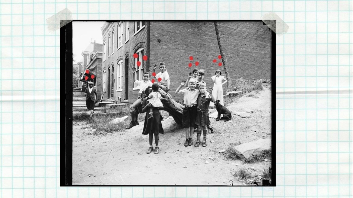 To curb fear in the unknown, Enam Haddad tells her children that the virus is like little red dots that need to be avoided. (Collage by Vicky Diaz-Camacho | Image: Library of Congress)