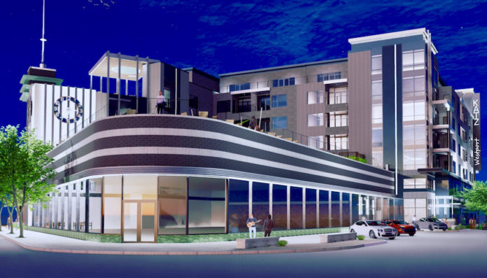 Rendering of renovated Katz Drug Store with apartment building behind it.