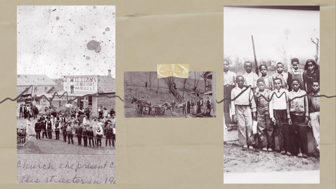 Archival photos are laid on a tan piece of paper, denoting how our journalist traced down the history of Parkville.