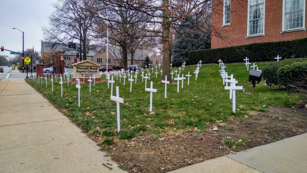 Crosses on the lawn of Wornall Road Baptist Church at Meyer Boulevard and Wornall Road.