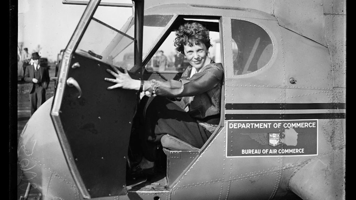 Amelia Earhart, shone here in an airplane, helped establish the Ninety-Nines in 1929.