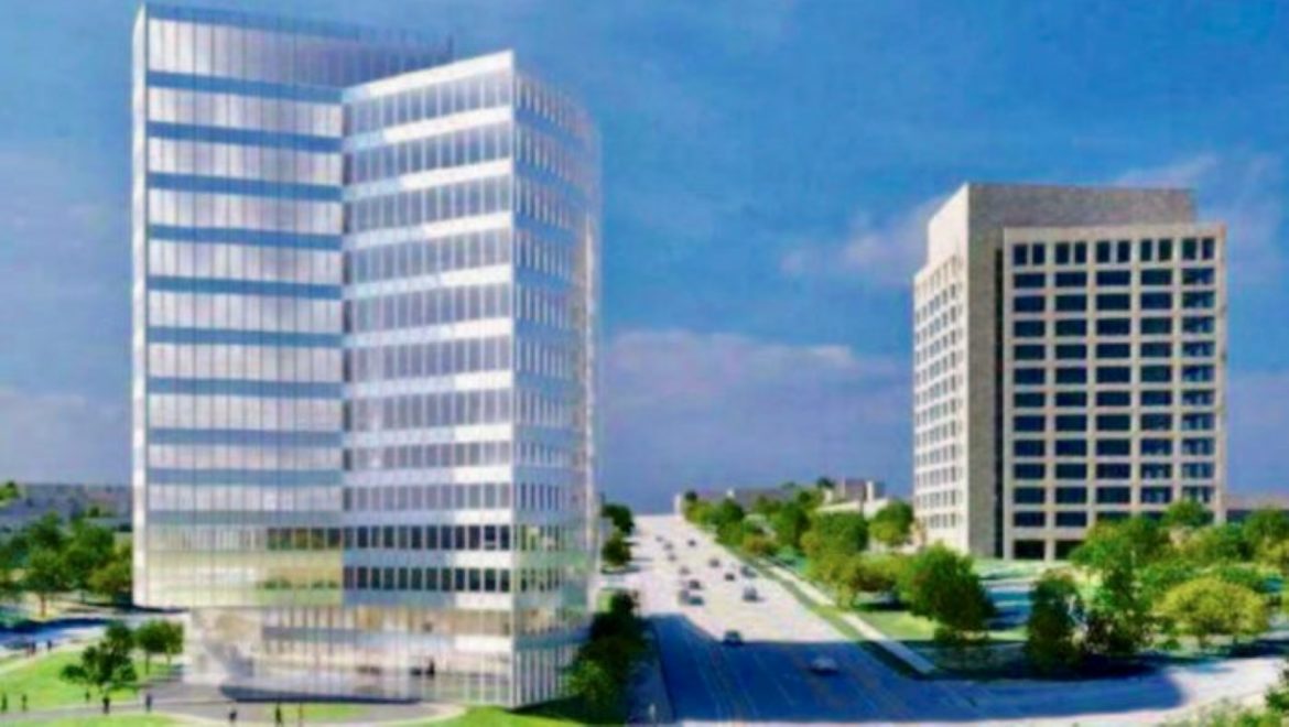 A preliminary rendering of a proposed office tower at 27th and Main.
