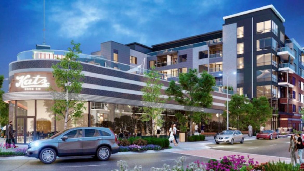 The apartment project that will incorporate the historic Katz Drug Store at Westport Road and Main Street.