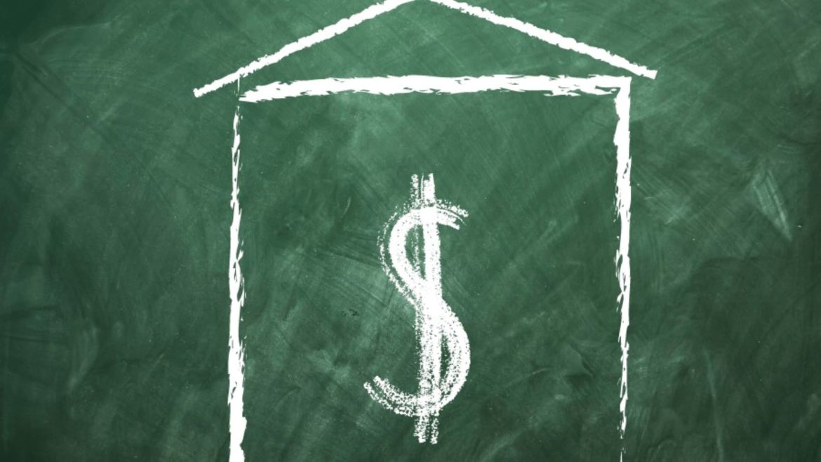 School house and a dollar sign on a chalkboard.