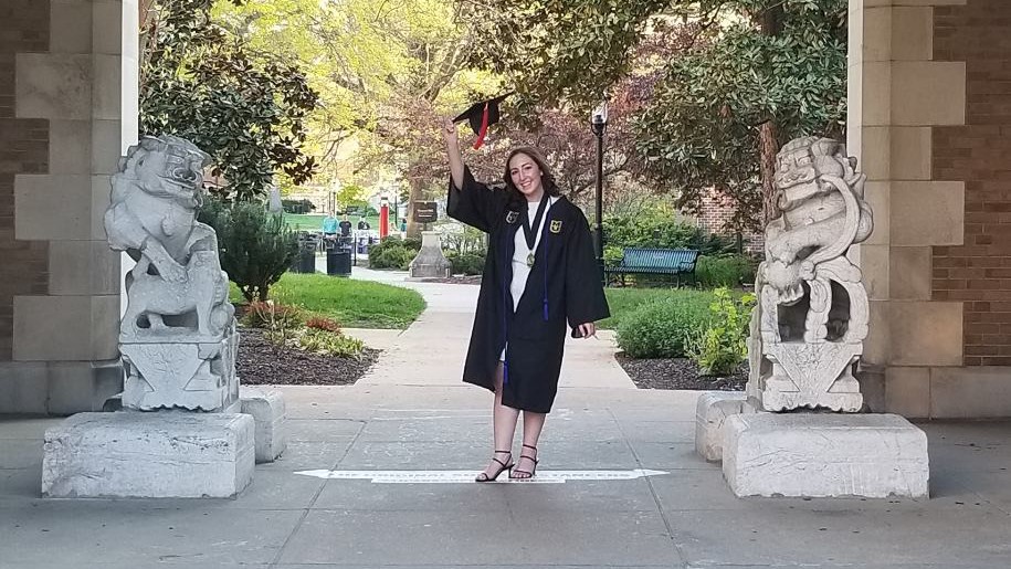 Juliana Tornabene poses underneath the journalism school at the University of Missouri-Columbia on Saturday, April 24, 2021.