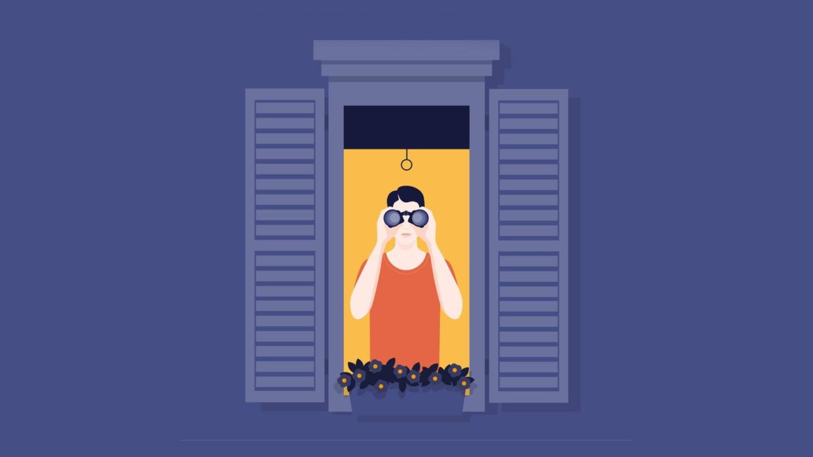 Illustration of someone looking out of a window with binoculars.