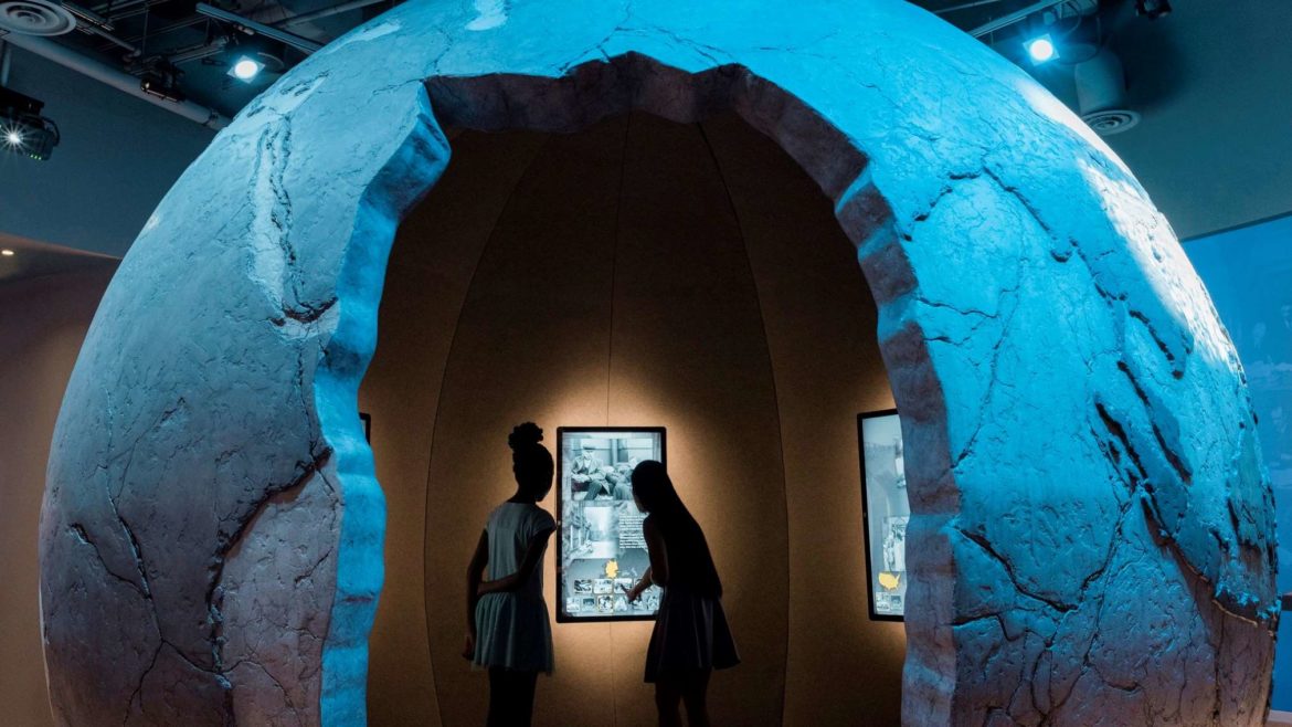 Guests can enter the interior of the "Fractured Globe" to view videos describing the many challenges facing President Harry Truman following the end of World War II.