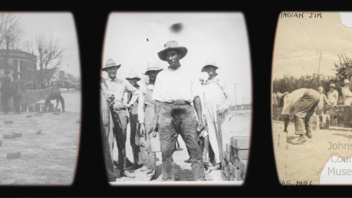 This curiousKC digs into the history of Kansas City's brick streets. Pictured in the middle and right photos is James Garfield Cleveland Brown, a renowned bricklayer in the 1920s. (Images: Johnson County Museum, Missouri Valley Special Collections | Collage: Vicky Diaz-Camacho)