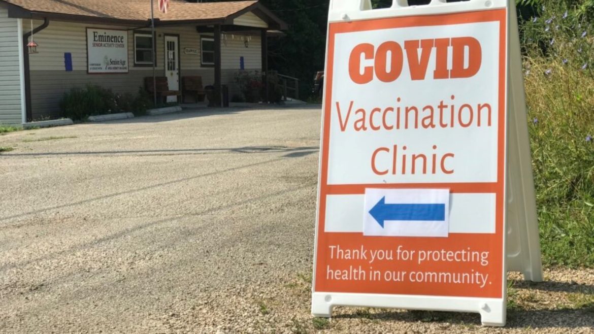 A sign marks the entrance to the a drive-through COVID-19 vaccine clinic at the Shannon County Health Center on July 8, 2021.